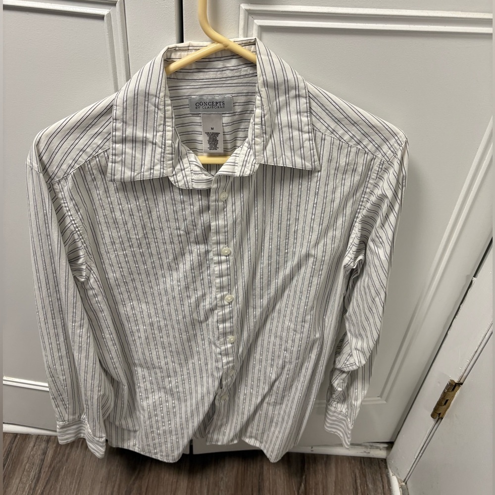 Concepts by Claiborne Men's White and Black Shiny Striped Dress Shirt